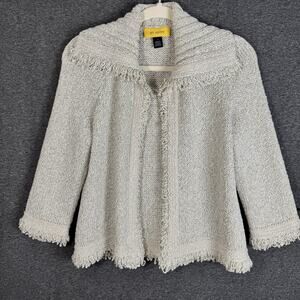 ST.JOHN Women’s Knit Cardigan Jacket Sweater P Petite Beige Metallic Fringe Trim